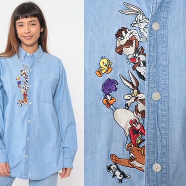 Looney Tunes Shirt 90s Denim Shirt Tweety Bird Roadrunner Bugs Bunny Taz Warner Bros Blue Jean Button Up Vintage 1990s Long Sleeve Medium M 