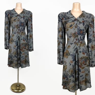 VINTAGE 90s Dark Floral Baby Doll Rayon Dress by Carole Little Sz 12 | 1990s Long sleeve Collared Dark Academia Grunge Dress | VFG 