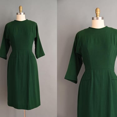 vintage 1950s Dress | Betty Hartford Forest Green Wool Pencil Skirt Dress | Small 