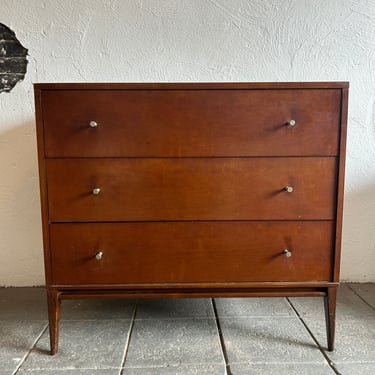 Vintage Paul Mccobb planner group modern mid century 3 drawer walnut finish maple dresser wood base nickel pulls 