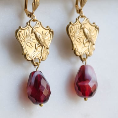 gold bird earrings, blue red baroque pearl glass earrings, Regency Victorian antique earrings, bohemian gift for her, statement earrings 