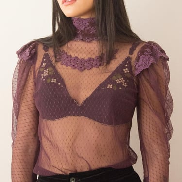 1970s Aubergine Mesh Lace Puff Sleeve Blouse 