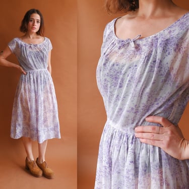 Vintage 50s Sheer Floral Dress/ 1950s White and Lavender Short Sleeve Summer Dress/ Size Medium 