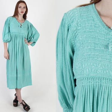 Ethnic Embroidered Teal Gauze Dress, Breezy Resort Wear CoverUp, Island Style Beach Maxi Dress 