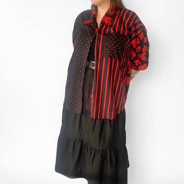 1980s Black + Red Patterned Button Down Shirt, sz. 3XL