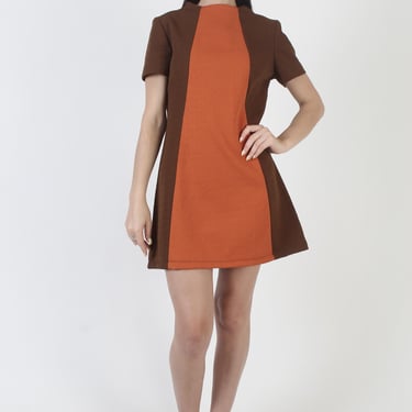 Mod Colorblock Dress, Tennis Style Mini, 60s Brown Scooter, Mid Century Modern, Vintage Shift 
