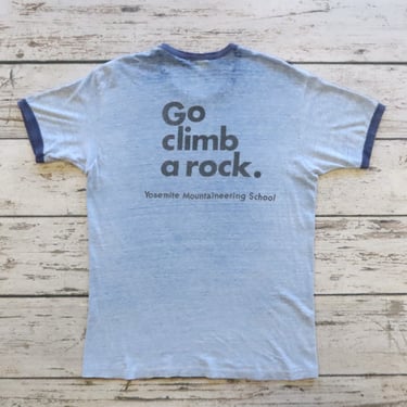 Vintage Go Climb a Rock Yosemite Mountaineering School Ringer Shirt Made in USA