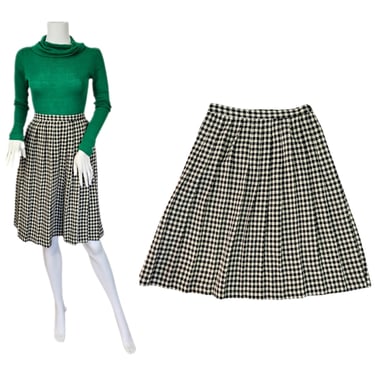 1960's Wool Black White Houndstooth Pattern Pleated Skirt I Sz Sm I W: 26