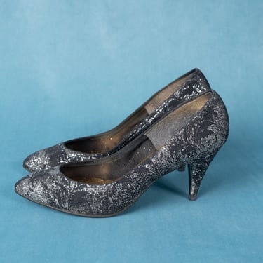 Vintage 80s Eliot Silver Glitter Black Fabric Pointy Toe Heels / 6.5M 