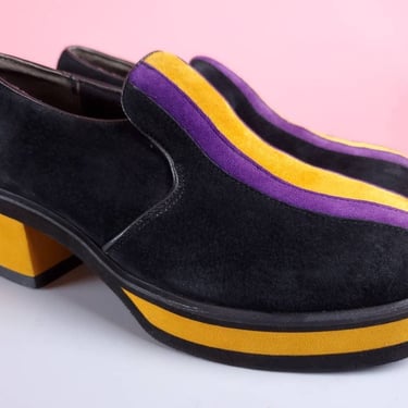 Hush Puppies disco heels. 90s does 70s chunky colorblock psychedelic loafers. Purple & yellow. Hipster LA Lakers. (W 7.5) 