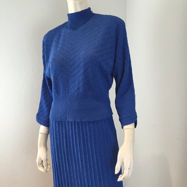 And The Lights Go Up - Vintage 1950s Royal Blue Knit Wool Chevron Stitch Sweater & Skirt Set 