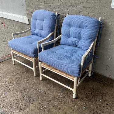 Pair of Rush Seat Lounge Chairs, One Button Issue