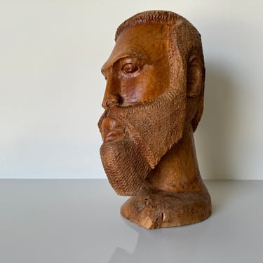 Vintage  Hand Carved Wood African Male Bust Sculpture, Signed 