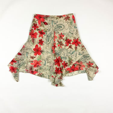 y2k / 1990s / A. Byer Asymmetrical Hem Midi Skirt / Triangle Hem / Rose / Floral / Baroque / Medium / Paisley / Tan / 00s / MIllenium / M / 