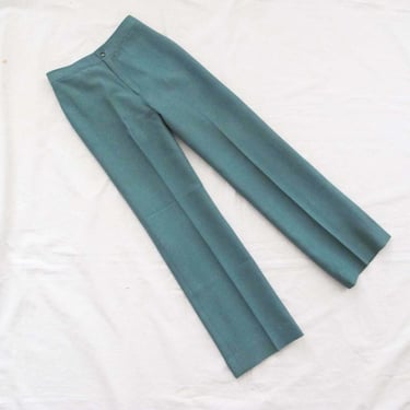 Vintage 70s Green High Waist Polyester Trouser Pants 26 - 1970s Flared Womens Pants - Minimalist Bohemian Solid Color Trousers 