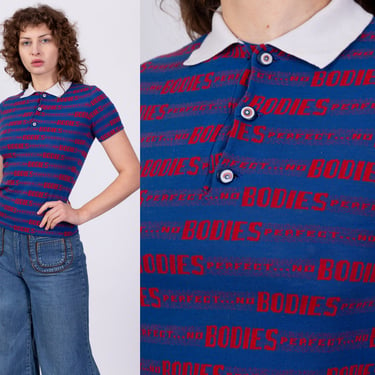 70s No BODIES Perfect Knit Polo Shirt - Small | Vintage Blue Graphic Collared Short Sleeve Top 
