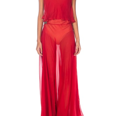 1930S Red Sheer Silk Chiffon Bias-Cut Gown With Deco Clasps On Hips 