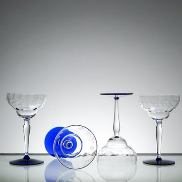 Vintage MCM Mid Century Modern Wine Glass Set of 4, Etched Floral Design with cobalt blue base, Valentines Day Gift, New Years Eve Party 