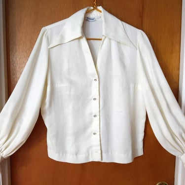 Fabulous Vintage 60s 70s Off-White Collared Blouse with Rhinestone Buttons and Cute Cuffs 