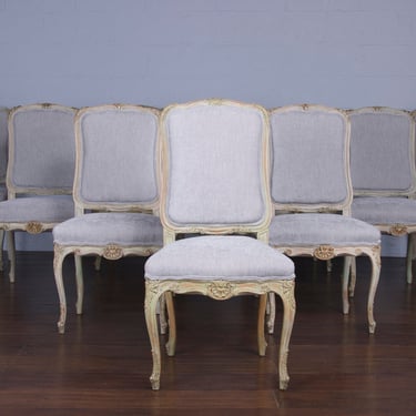 Antique French Louis XV Style Provincial Painted Green Dining Chairs W/ Gray Fabric - Set of 10 