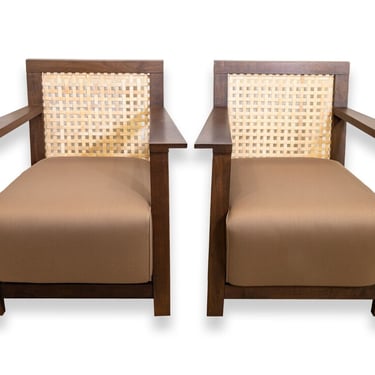 Baker Pair of Contemporary Art Deco Style Cane Back Wood Lounge Chairs 