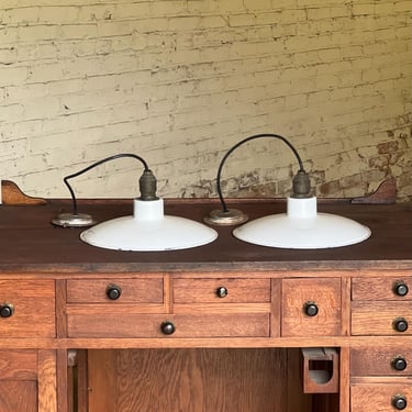 Antique Pair of Early White Enamel Pendant Lights 