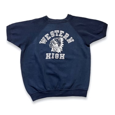 Vintage 1970s CHAMPION BLUE BAR Short Sleeve Sweatshirt ~ fits M ~ Western High ~ Raglan / Crewneck ~ Flocked Print ~ Indian Chief ~ 70s 