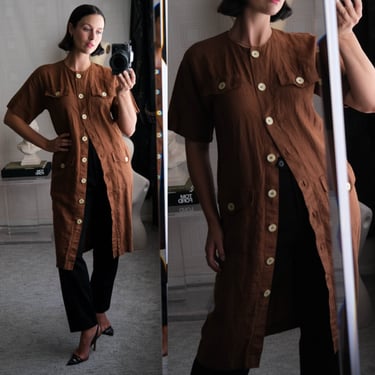 Vintage 70s LUISA SPAGNOLI Chocolate Brown Linen Dress w/ Large Cream Pearlescent Buttons | Made in Italy | 1970s Designer Duster Dress 