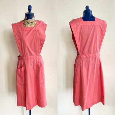 1940s 1950s Pink Cotton Pinafore Workwear Dress. M/L. By Copperhive Vintage. 