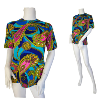 1960's Blue Psychedelic Paisley Print Hawaiian Tunic Top I Shirt I Sz Sm 