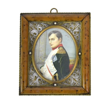 19th Century Miniature Portrait Napoleon Bonaparte in Bronze Filigree frame 