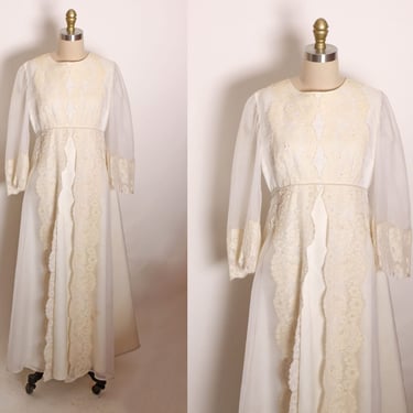 Late 1960s Early 1970s Cream Off White 3/4 Length Sheer Angel Wing Sleeve Wedding Dress -M 