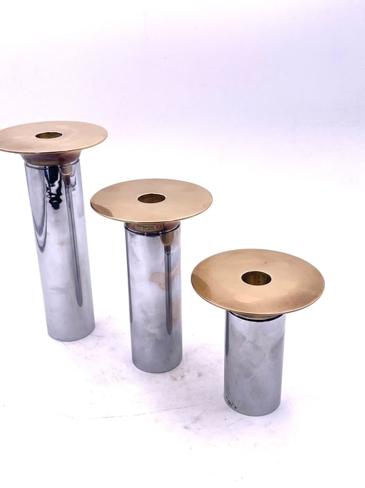 Set of 3 Danish Modern Brass &amp; Steel Plated Candle Holders by Toben Orskov