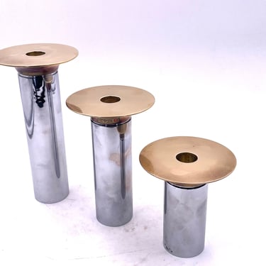 Set of 3 Danish Modern Brass & Steel Plated Candle Holders by Toben Orskov