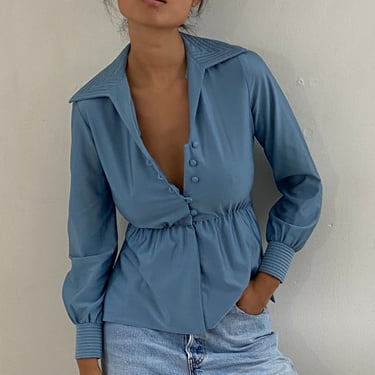 70s blouse / vintage slate blue polyester wide collar belted peplum boho blouse | Small 