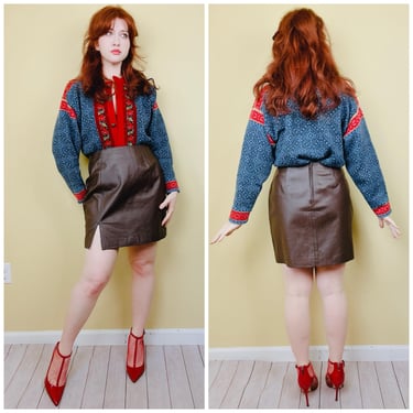 1990s Vintage Newport News Chocolate Brown Mini Skirt / 90s High Waisted Volup Side Slit Leather Skirt / Size XL 