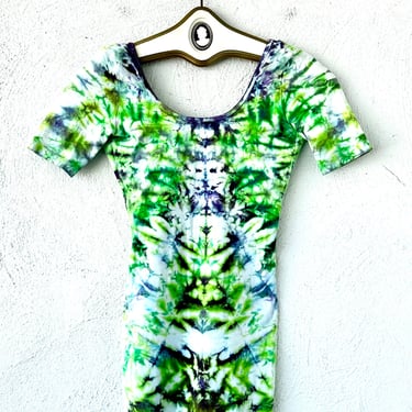 Vintage Y2k Tie Dye Mini Dress Green White Artsy Short Mini Tshirt Shirtdress 