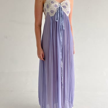 1930's Periwinkle Blue Silk Chiffon Dress with White Lace