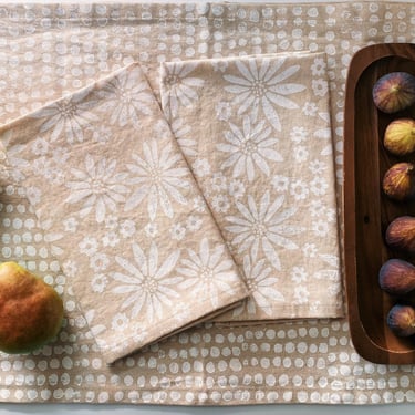 linen dinner napkins. fall floral on oatmeal. hand block printed / placemats / tea towel. boho. neutral. fall thanksgiving autumn. 