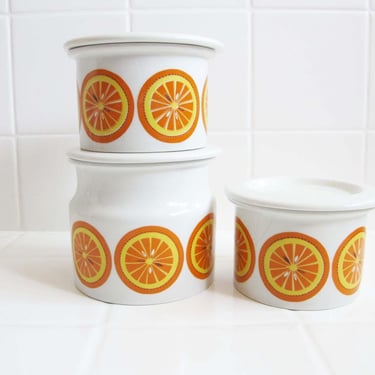 Arabia Finland Pomona Orange Marmalade Pot Set of 3 - Mid Century Citrus Pottery - MCM Kitchen Decor - Lidded Ceramic Container Spices Salt 