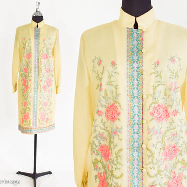 1970s Pale Yellow Print Dress | 70s Yellow Screen Print Dress | Yellow & Orange Flower Shift | Alfred Shaheen | Medium 