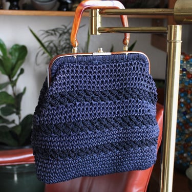 1930s Italian Crochet Cord Top Opening Purse Tortoiseshell Handle Vintage Navy Blue Woven Handbag 