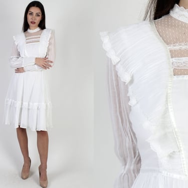 All White Gunne Sax Dress / High Collar Romantic Bridal Dress / Vintage 70s Victorian Crochet / Sheer Country Prairie Lawn Midi Mini Dress 