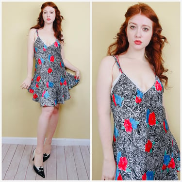 1980s Vintage Cinema Etoile Paisley Nightgown / 80s Silky Floral Ruffled Slip Dress / Size Large 