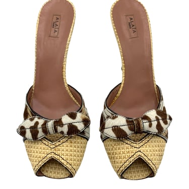 Alaia Raffia Animal Print Peep Toe Heeled Mules