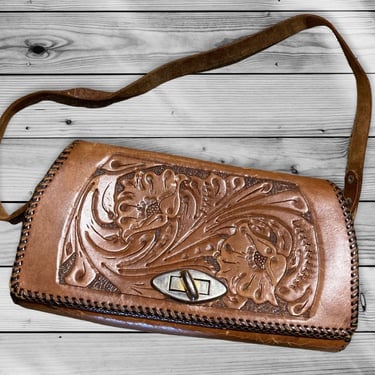 Vintage Boho Brown Leather Floral Tooled Shoulder Bag/Purse by LeChalet