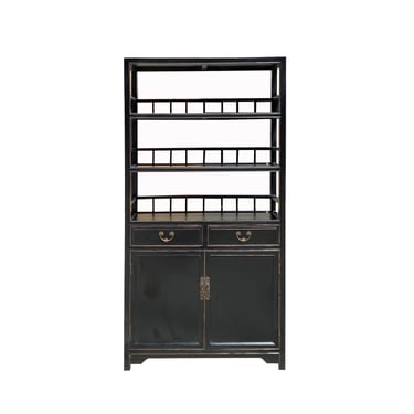 Chinese Distressed Black Lacquer 3 Shelves bookcase Display Cabinet cs7334E 