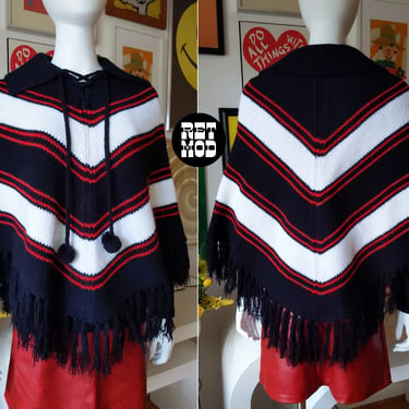 Lace-Up Front Vintage 70s Black, White, Red Stripe Knit Statement Poncho 