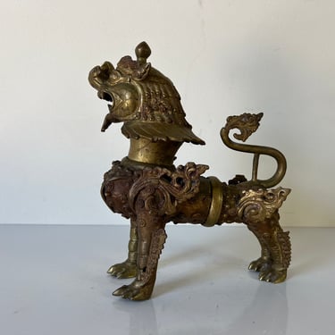 Vintage Asian Tibetan Brass Kylin Foo Dog Lion Sculpture 