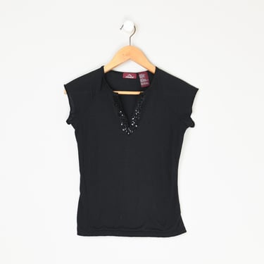 Vintage Y2k Beaded Black Top - 